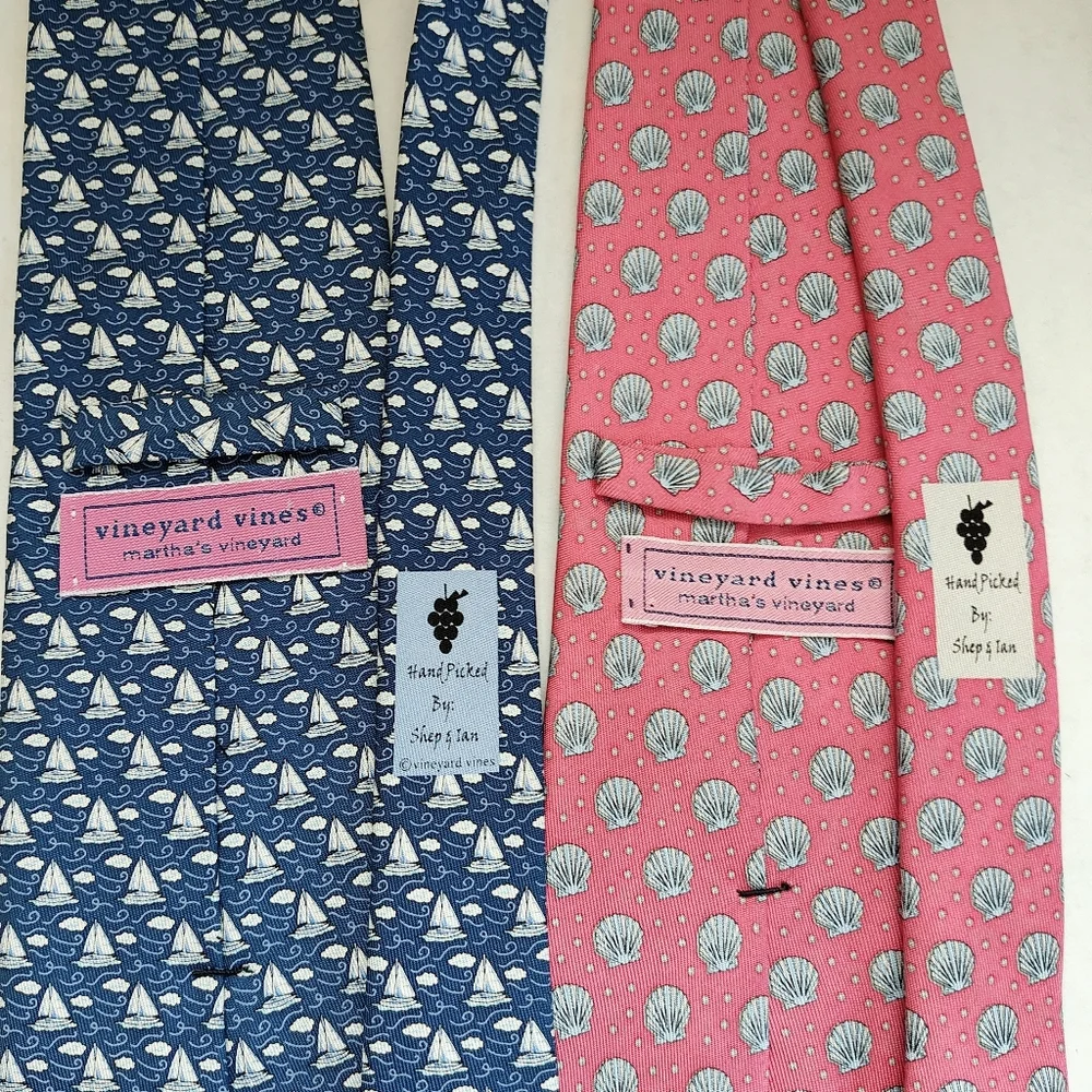Vineyard Vines Set Of 2 Silk Men's Ties Pink Seashells And Blue Boats